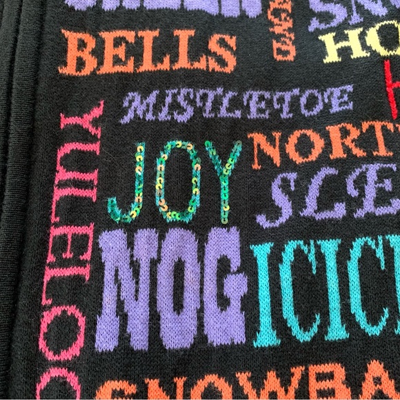 Coldwater Creek Cardigan Sweater Black Christmas 100% Cotton Spell Out Holiday L - Picture 6 of 12